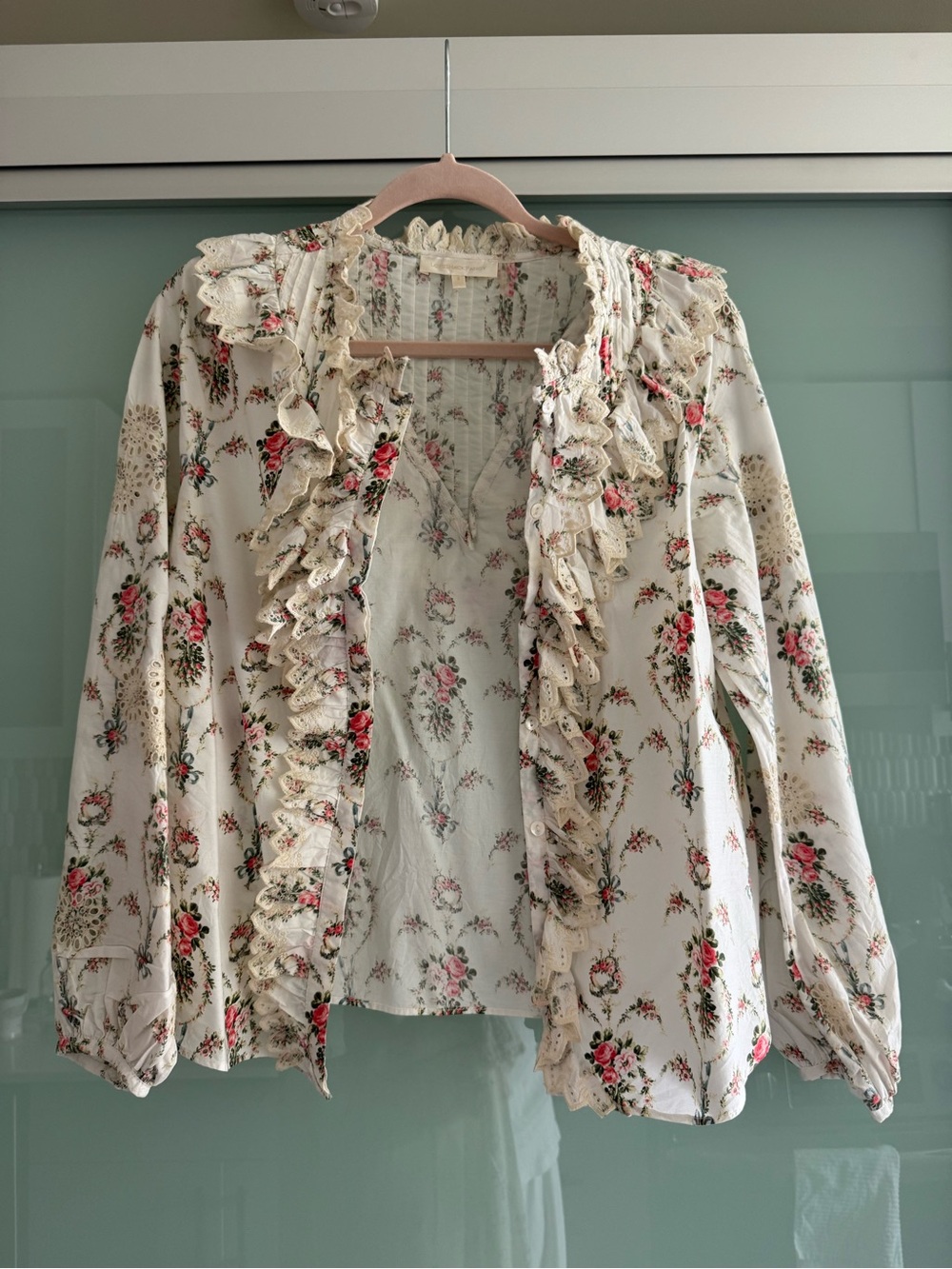 LoveShackFancy Floral Ruffle-Trim Women's Top - Cream with Pink Roses